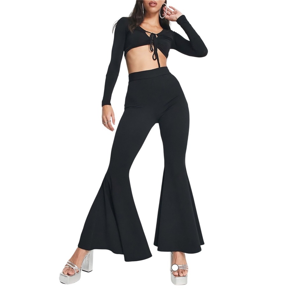 ASOS DESIGN Black High Waisted Extreme Flare Trouser Dramatic Bell Bottoms 2 NWT